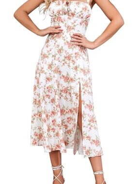 Floral Lace-Up Slip Dress in White with Pink Roses